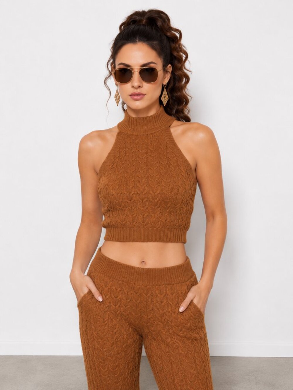 Rust Cable Knit Halter Crop Top NWT